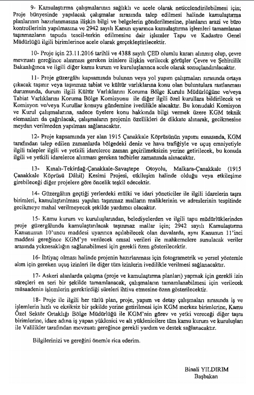 1915 Çanakkale Köprüsü ve bağlantı yolları için hızlandırma genelgesi Resmi Gazete'de