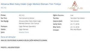 ACC A.Ş. ana dili seviyesinde Almanca bilen eleman arıyor