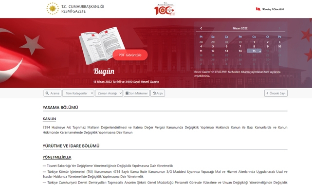 Resmi Gazete 15 Nisan 2022 kanun, yönetmelik ve kararlar