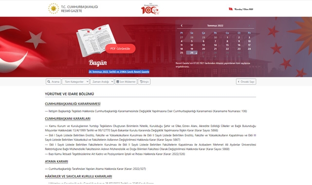 Resmi Gazete (26 Temmuz 2022) tarihli kritik kararlar yürürlüğe girdi