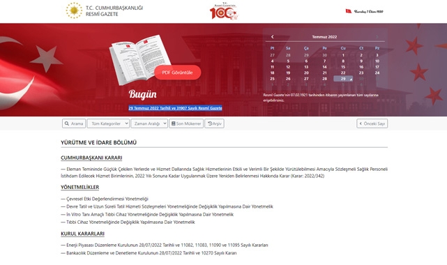 Resmi Gazete (29 Temmuz 2022) kritik yönetmelik ve kararlar yayımlandı