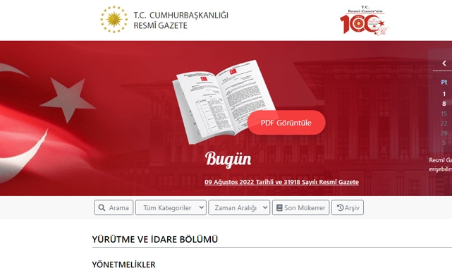 Resmi Gazete (09 Ağustos 2022) bugün yayımlanan yönetmelik ve kararlar neler?