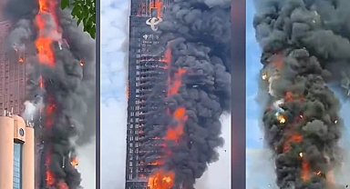 Çin'de 42 katlı gökdelen saniyeler içinde böyle alevlere teslim oldu