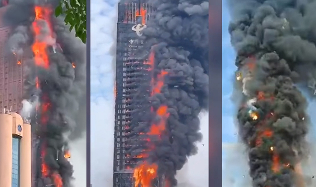 Çin'de 42 katlı gökdelen saniyeler içinde böyle alevlere teslim oldu