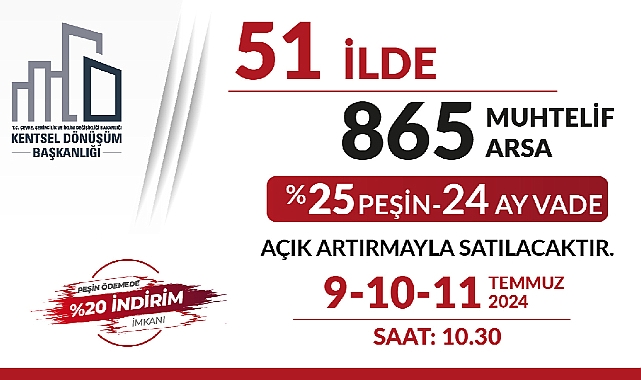 865 adet arsa Kentsel Dönüşüm Başkanlığı ve Emlak Müzayede tarafından vadeli satılacak!