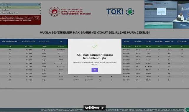 TOKİ Muğla Seydikemer'de 397 başvuru arasından hak sahipliği konut belirleme kura sonuçları açıklandı